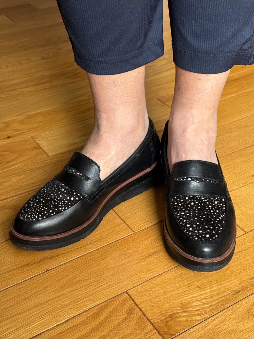 CLARKS Black Patent Leather Haircalf Penny Loafers
